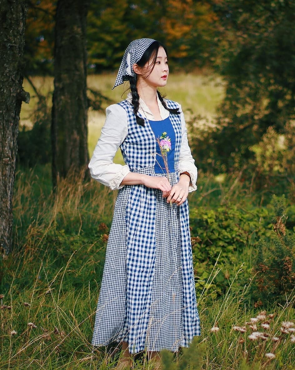 Cottagecore Blue Gingham Cotton Dress (headkerchief included)