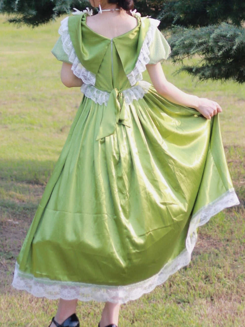 Victorian Green Satin Tea Party Dress