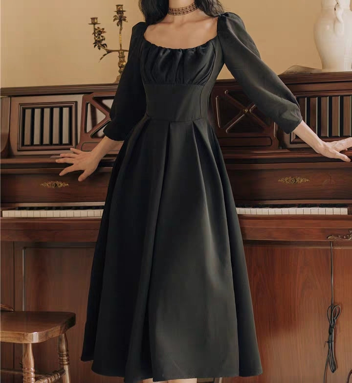 Black long sleeve A-line regency dress