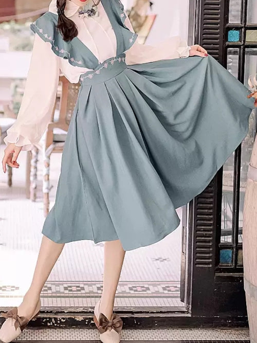 Turquoise Pinafore Dress + Blouse Set