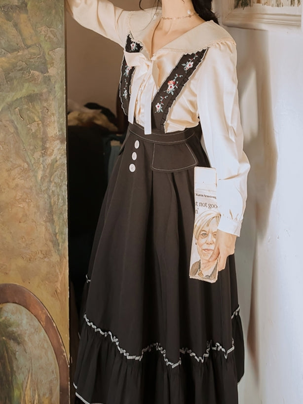 Black Embroidered Strap Skirt + Blouse Set