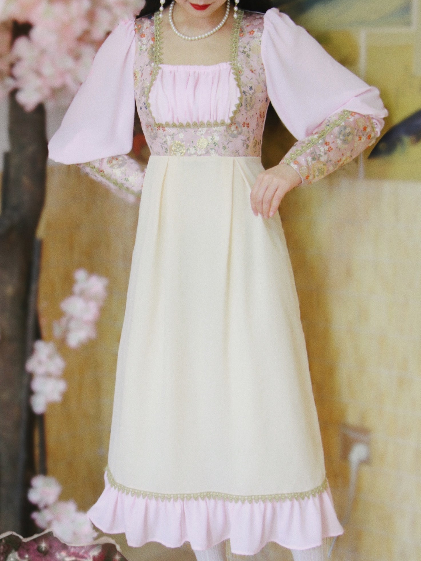 Gunne Sax Style Pink Cherry Blossom Dress