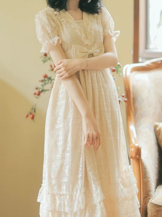 Short Sleeve Edwardian Style Lace Ruffle Dress