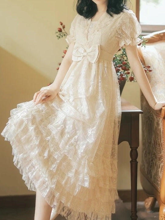 Short Sleeve Edwardian Style Lace Ruffle Dress