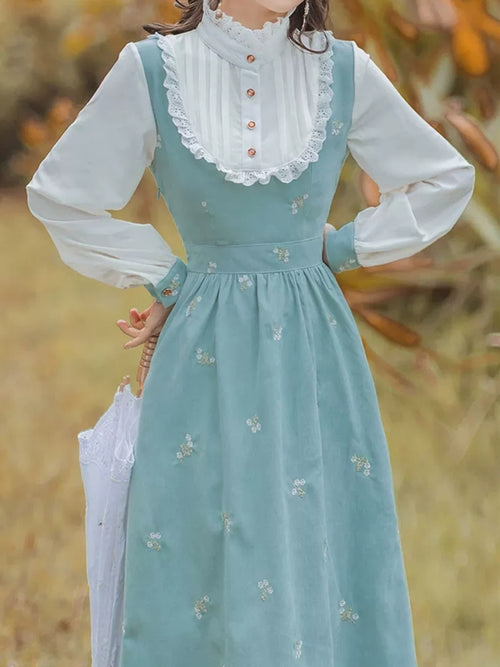 Victorian Style High Neck Blue Floral Dress