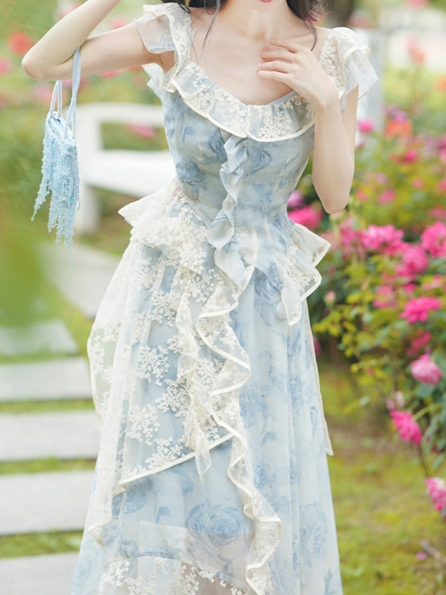 Blue Rose Lace Top+Skirt Set