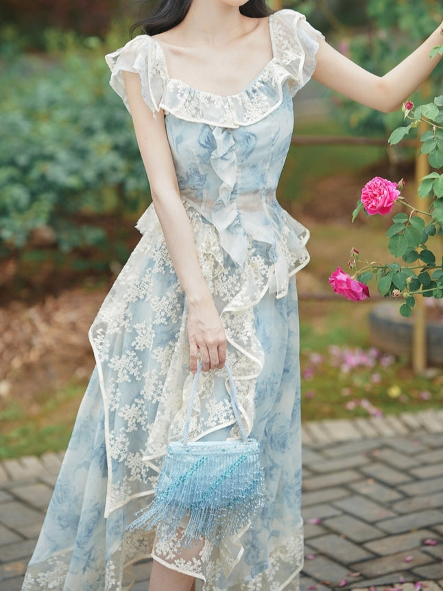 Blue Rose Lace Top+Skirt Set