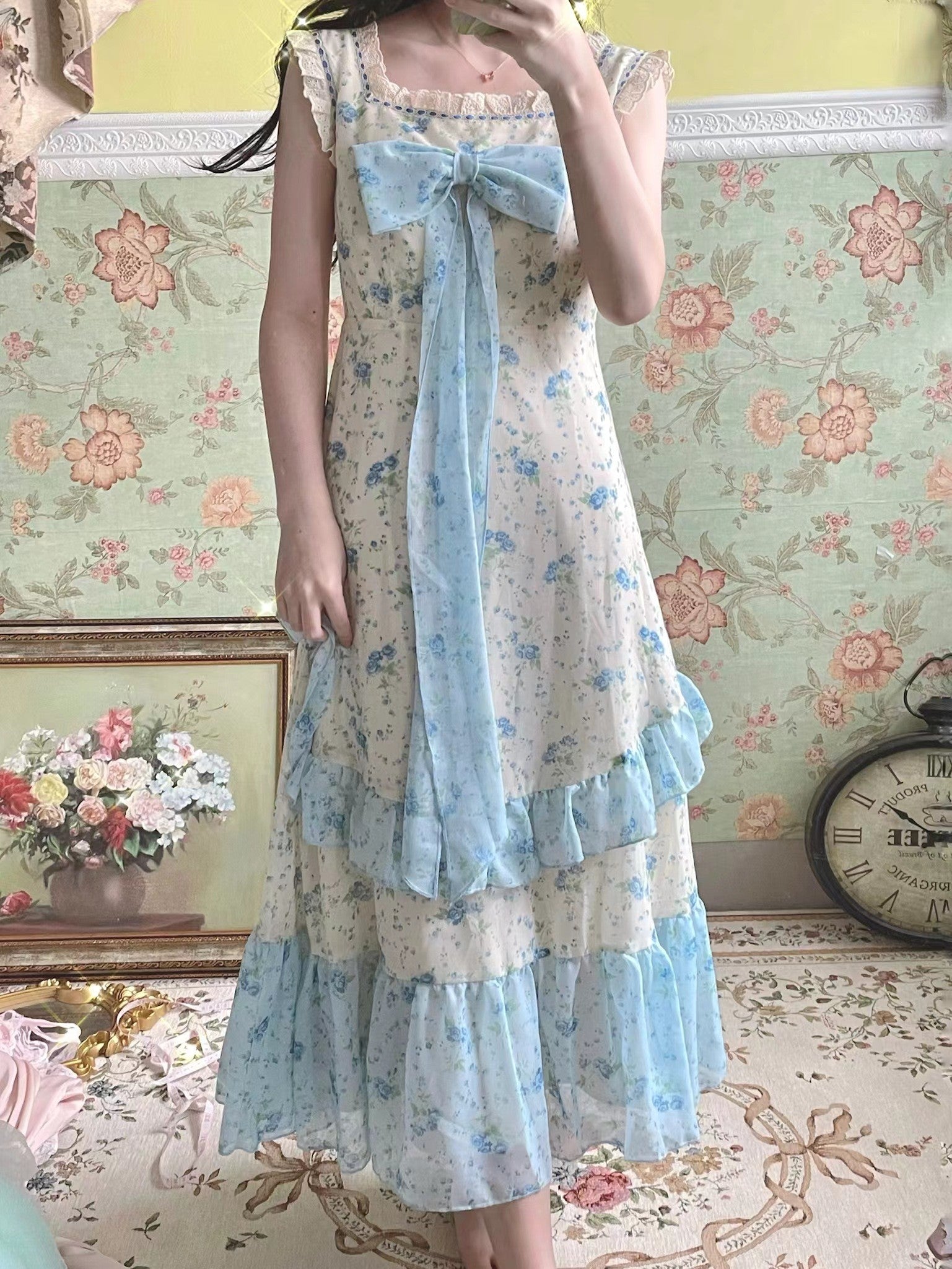 Vintage Baby Blue Ditsy Floral Coquette Dress+Cardi Set