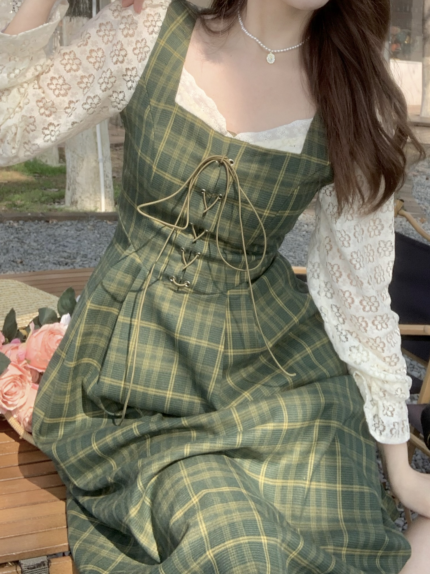 Green Tartan Lace-up Dress with Lace Sleeves