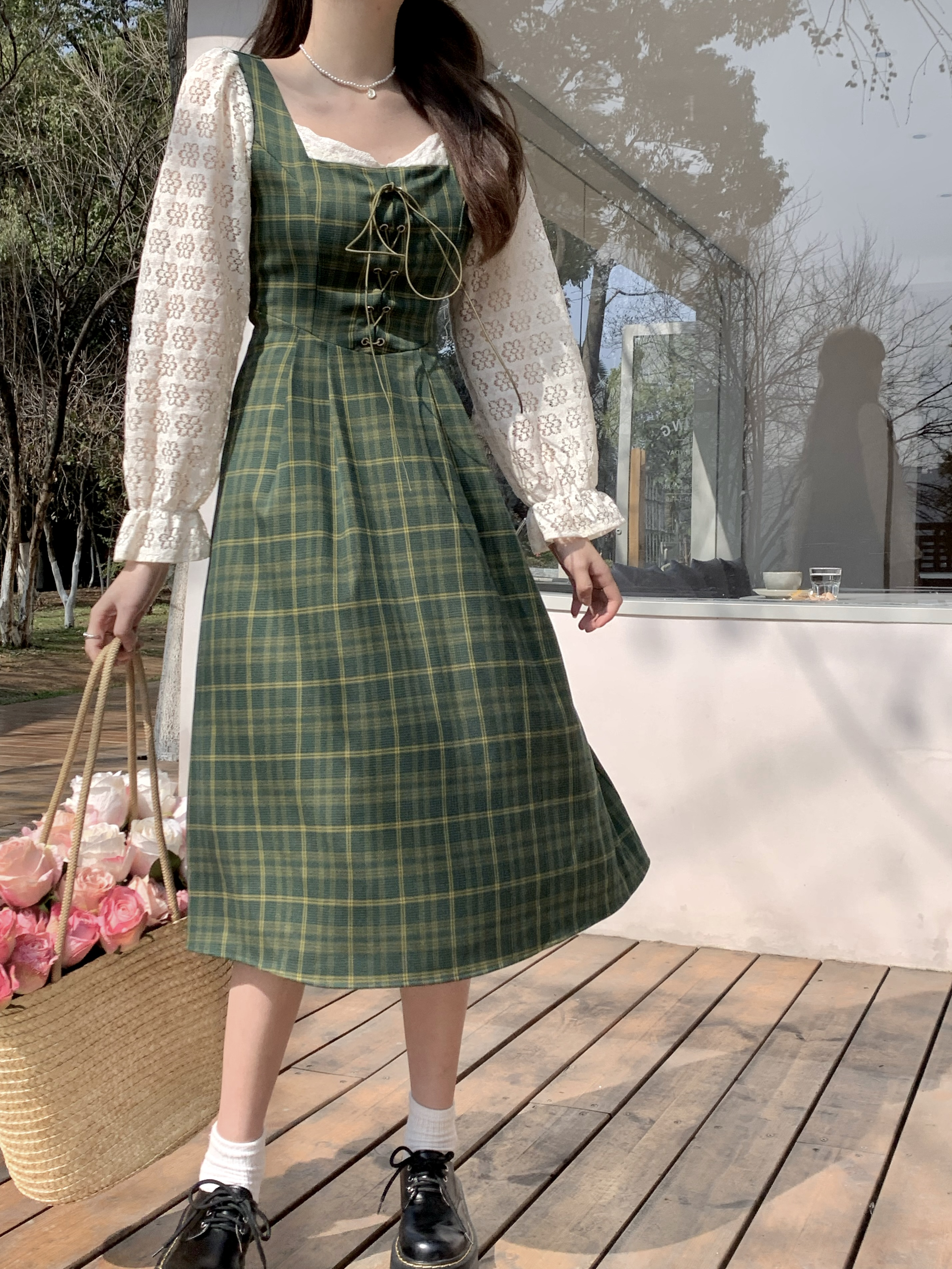 Green Tartan Lace-up Dress with Lace Sleeves